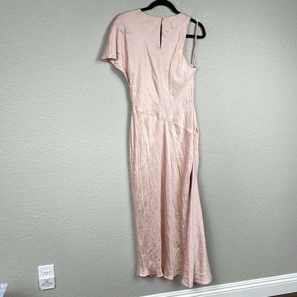 NWT Luxely Asymmetric Satin Maxi Dress Ruffle Sleeve Gathered Waist Blush Sz 8 - Picture 5 of 14